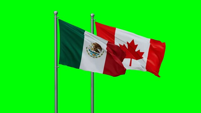 Canada and Mexico flags flying together, video concept of the relationship with colored chroma key for easy background remove, two country cooperation concept