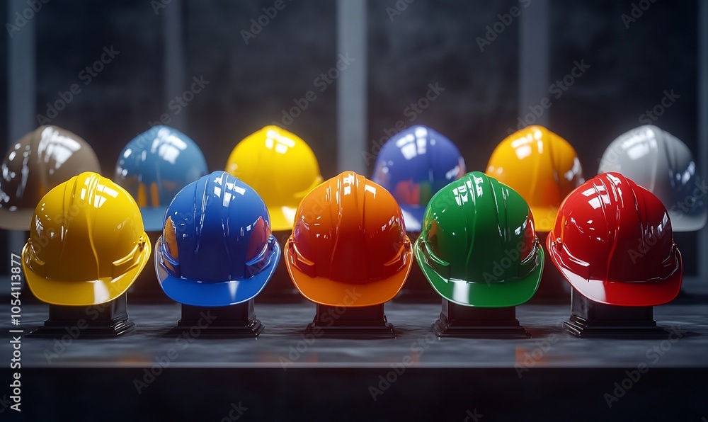 Poster A row of colorful hard hats on a table against a dark background.