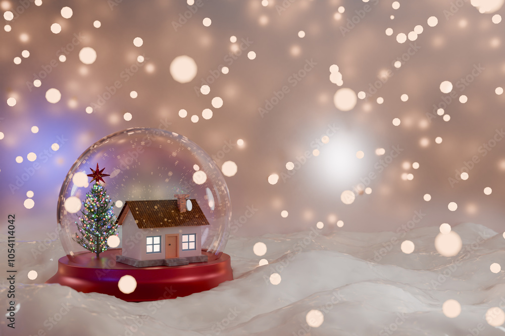 Poster snow globe featuring a cozy house and tree, creating a festive winter atmosphere. 3d rendering