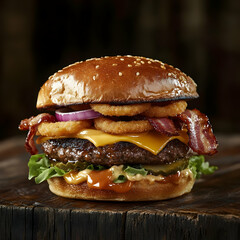 Close-up of a juicy cheeseburger with bacon, onion rings and lettuce on a wooden surface.