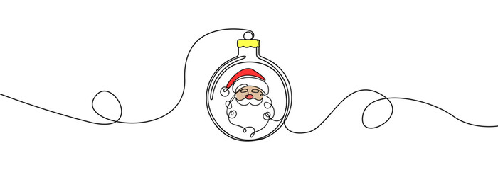 Christmas ball one line icon. Simple one continuous line drawing of christmas bauble with a santa claus inside isolated on white background.Holiday christmas decoration.Santa Claus face