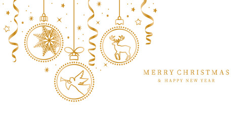 Christmas balls border isolated on a golden background. Christmas card with holidays decoration.Christmas balls border . Marry Christmas and Happy New Year background. Streamer and confetti decoration