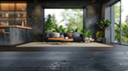 Close-up of a black table surface with a blurry modern living room in the background