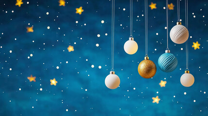 Fototapeta premium Hanging Christmas ornaments against starry blue background create festive atmosphere