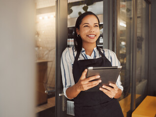Girl, waitress and tablet by entrance of cafe for ecommerce website, inventory delivery and supply...