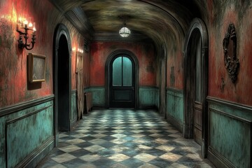 Fototapeta premium Dark and Mysterious Hallway with Checkered Floor