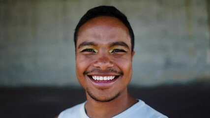 Lgbt pride, Gay man wearing makeup smiling on camera. Equality, diversity and non-binary expression