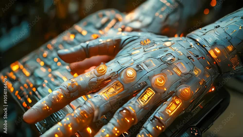 Poster a robotic hand with illuminated circuits, symbolizing advanced robotics, artificial intelligence, an