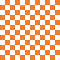 Seamless vector repeating pattern with small ditsy hand drawn checkerboard in orange and white. Halloween, harvest, fall, autumn checker background for packaging, paper, fabric, wallpaper.