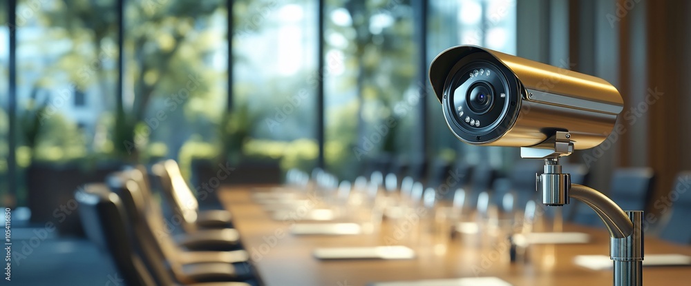 Poster a security camera mounted on a stand in a conference room, overlooking an empty table and chairs.