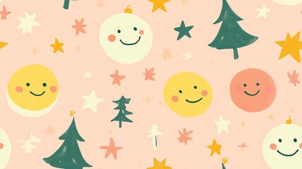 Seamless pattern with christmas trees, stars, and smiley faces, perfect for festive wrapping paper, fabric, or wallpaper