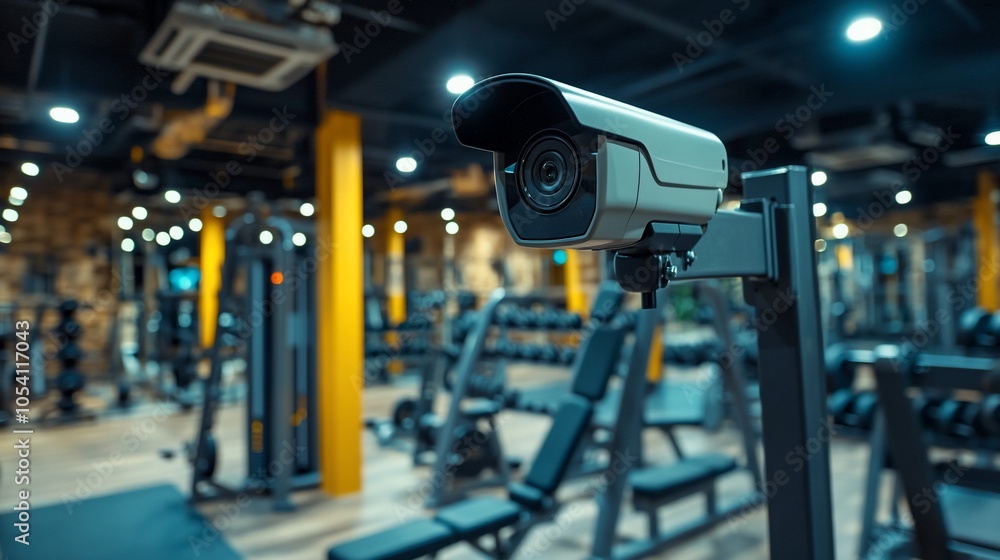 Poster a security camera mounted on a wall in a gym. the camera is pointed towards the gym equipment.