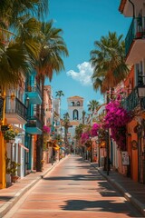 Fototapeta premium A Sunny Street Lined with Palm Trees and Bougainvillea in a Spanish Town