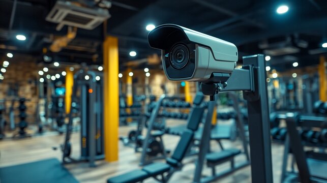 A security camera mounted on a wall in a gym. The camera is pointed towards the gym equipment.