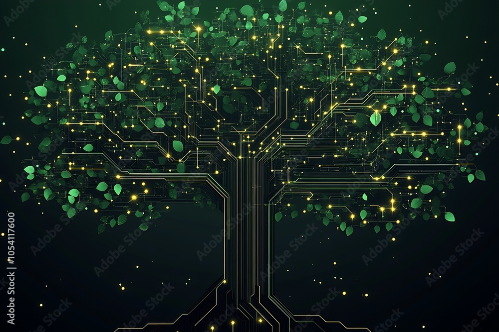 Aufkleber Green Circuit Board Tree with Glowing Lights for Technology and Nature Concept : Generative AI