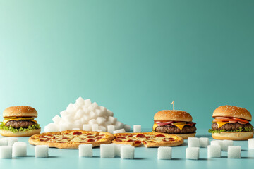 Fast food items with sugar cubes on pastel background, unhealthy eating concept