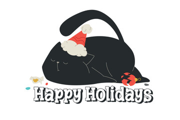 funny tired black cat in santa hat sleeping. Happy Holidays words. winter holiday sticker isolated on white. flat cartoon kitten. candy wrappers and broken ornament around. vector illustration