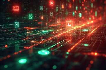 Fototapeta premium Abstract digital data highway with glowing icons, representing the flow of information and technology.