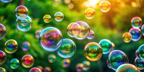 Colorful iridescent soap bubbles float in the air against a blurry background of green foliage and sunlight.