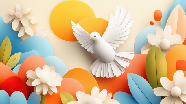 serene white dove soars amidst vibrant flowers and colorful shapes, symbolizing new beginnings and change. harmonious blend of colors evokes sense of peace and hope