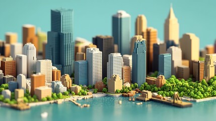 Fototapeta premium Vibrant miniature cityscape with modern skyscrapers and waterfront features : Generative AI