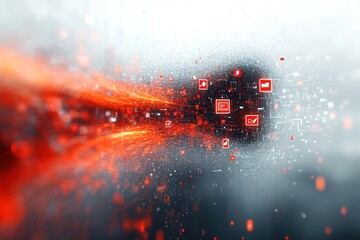 Abstract digital data stream with red icons flowing through a white and grey background.