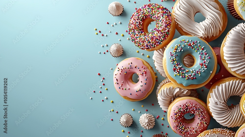 Poster assorted colorful doughnuts with icing and sprinkles on light blue background : generative ai