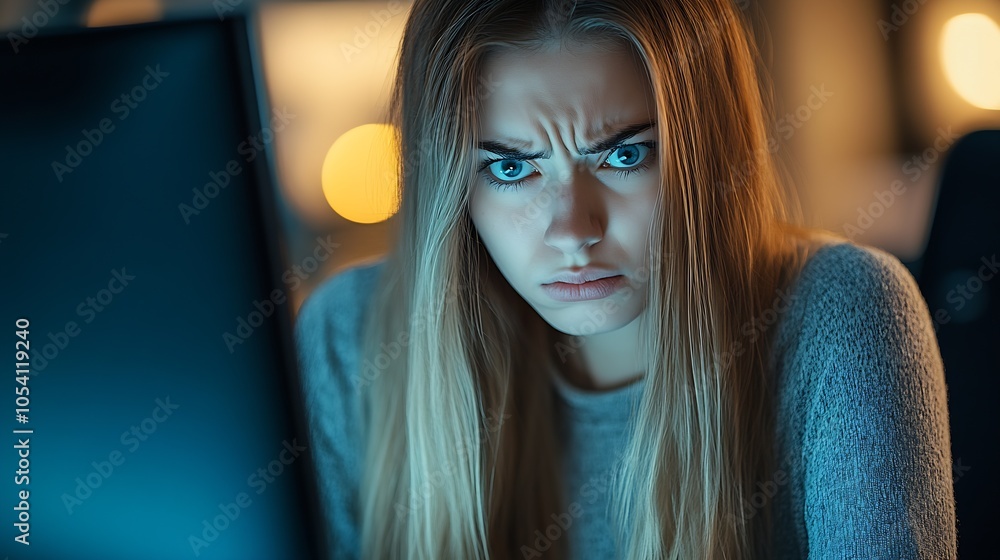 Aufkleber Focused Woman Engaged with Computer Screen in Dim Workspace Setting : Generative AI