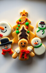 Fototapeta premium Festive Holiday Cookies Display with Snowmen, Christmas Tree, and Gingerbread Man.