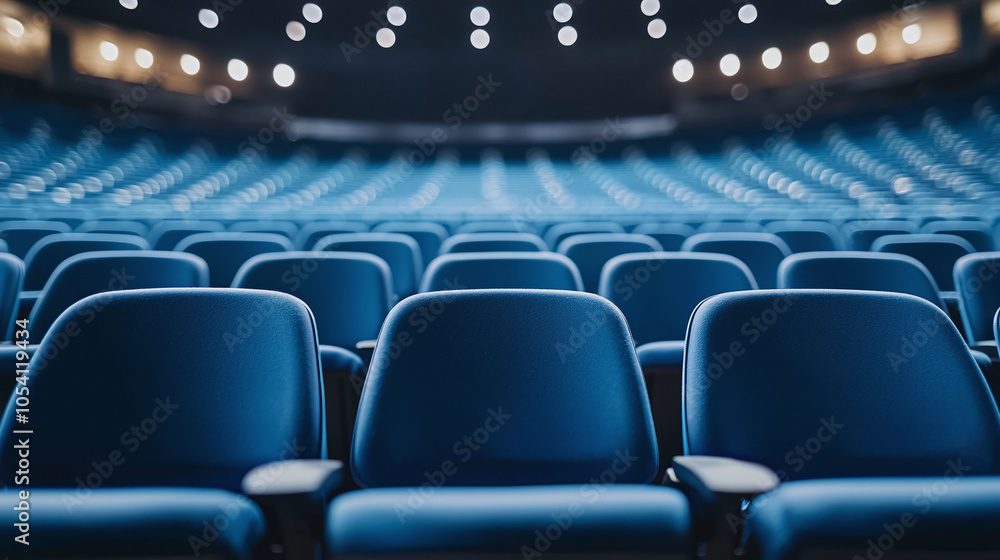 Poster rows of empty stadium seats create serene atmosphere in low lighting