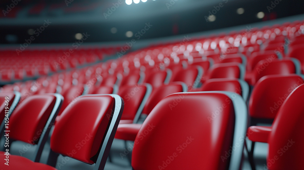 Poster rows of empty stadium seats in low lighting create striking atmosphere