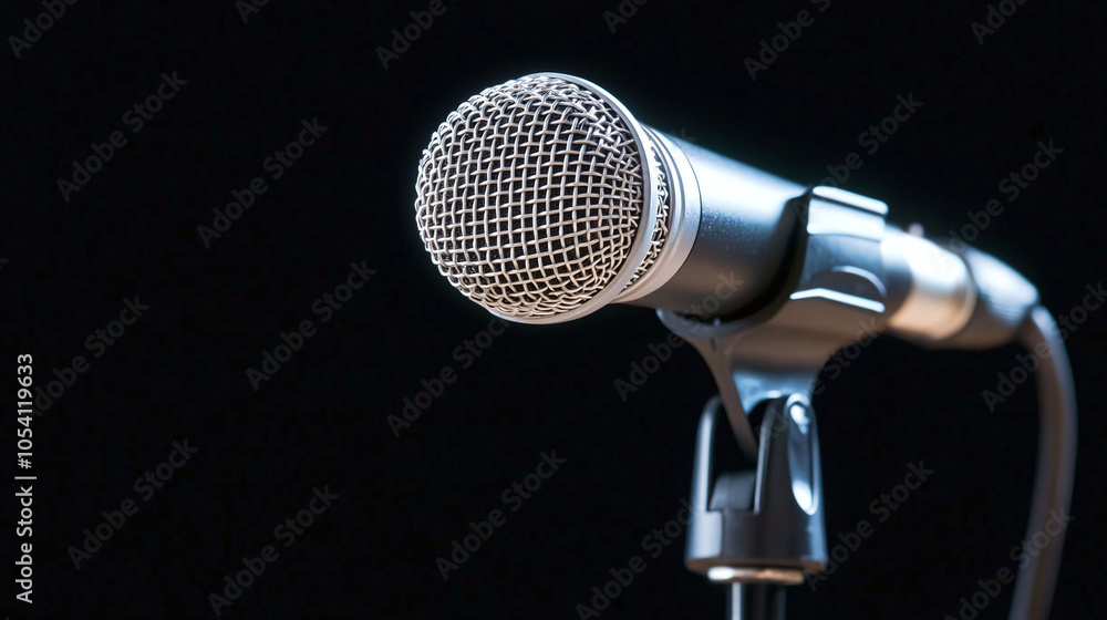 Poster close up of empty microphone stand with stage lighting, ready for performance