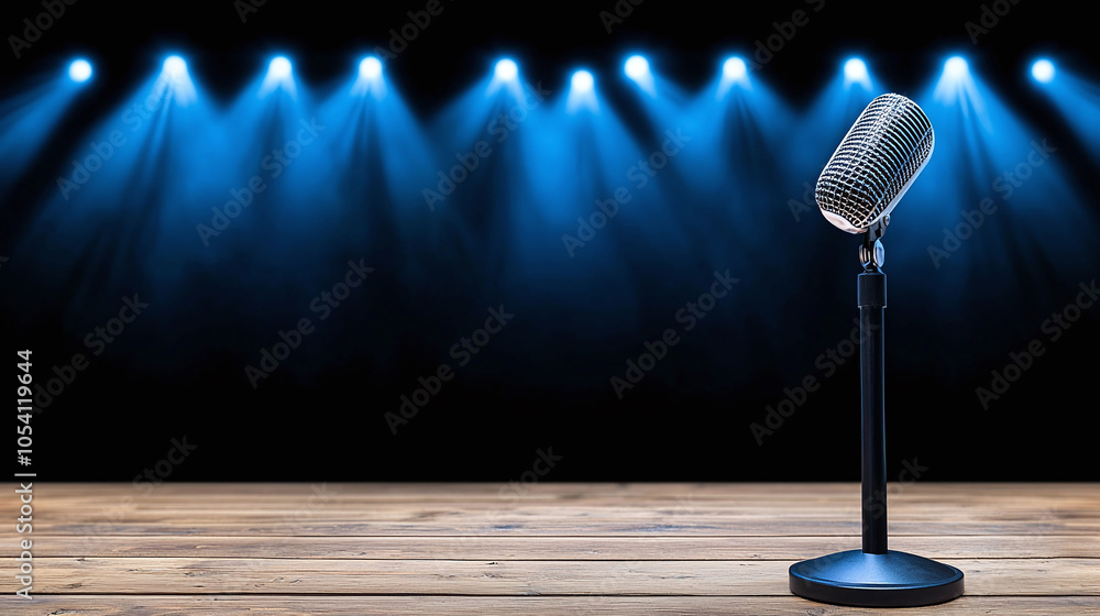 Poster close up of empty microphone stand with stage lighting creating dramatic atmosphere