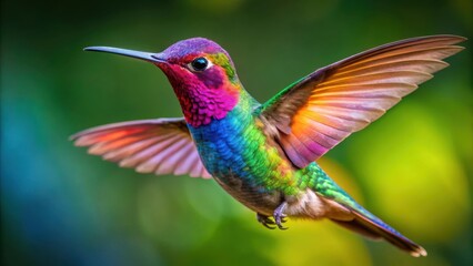 Fototapeta premium A Vibrant Hummingbird in Flight with its Wings Spread Wide, Displaying an Array of Colors Against a Blurred Green Background
