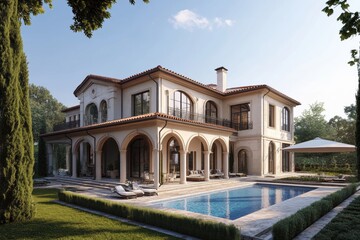 Luxurious mediterranean villa with swimming pool and garden showing wealth and prosperity