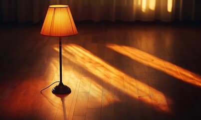 A single lamp on a wooden floor casts a warm glow, with sunlight streaming through a window in the background, creating a cozy and inviting atmosphere.