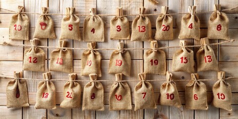 Fototapeta premium Rustic Burlap Advent Calendar with Red Numbered Tags Hanging from a Wooden Background