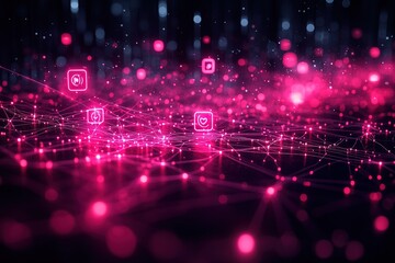 Fototapeta premium Abstract digital network background with glowing social media icons.
