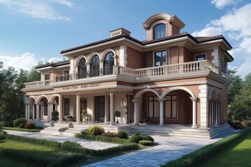 Luxurious brick house with balustrade and columns under blue sky