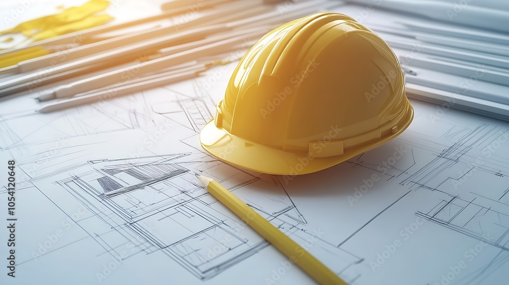 Poster yellow construction helmet on architectural blueprint with drawing tools in sunlit office : generati
