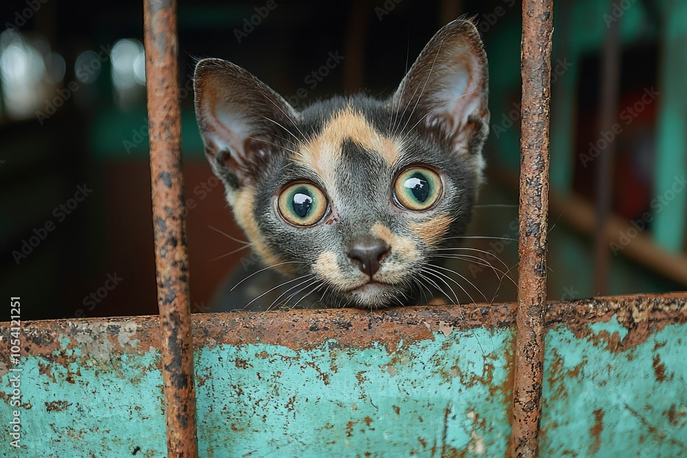 Poster a curious cat peering through rusty bars