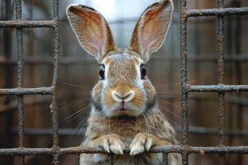 Obraz premium A Curious Rabbit Looking Through a Rusty Wire Cage