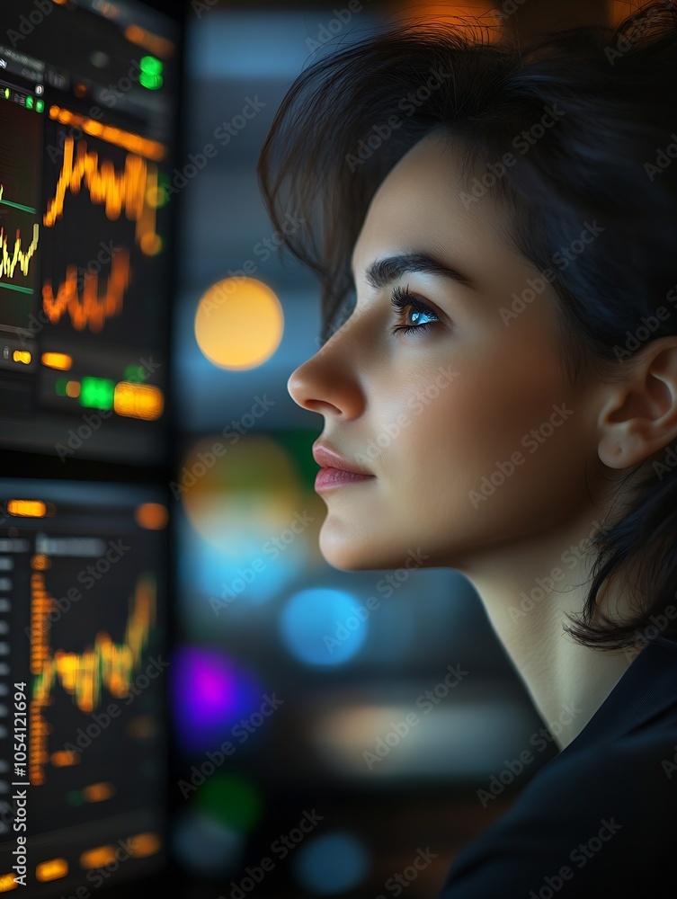 Poster focused businesswoman analyzing stock market data on computer screens : generative ai
