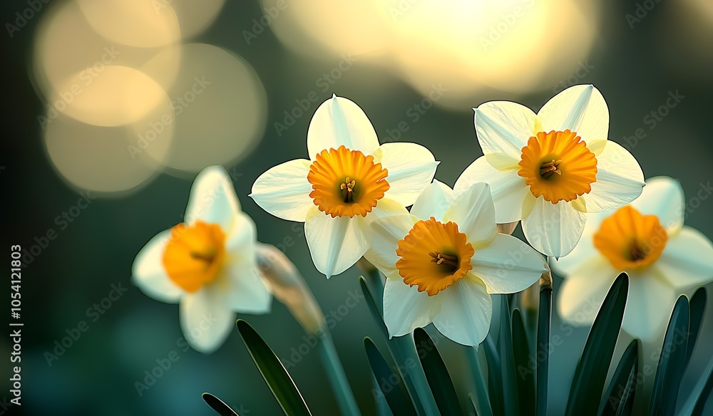 Poster closeup of beautiful white daffodils with orange centers in a sunlit garden setting : generative ai