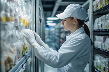 A focused worker in a cool storage area meticulously inspecting packaged goods during a busy shift at a food production facility. Generative AI