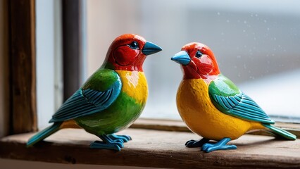 Obraz premium Hand-painted clay bird sculptures with vibrant plumage, bringing life and color to any home setting. Ideal for nature lovers and collectors.