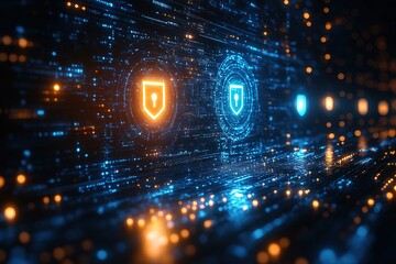 Abstract digital security background with glowing shields and keyhole symbols.
