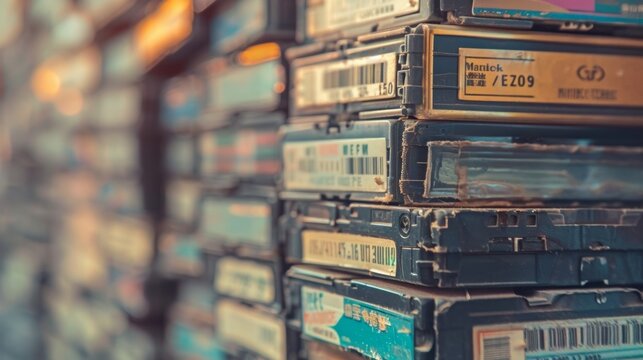 Nostalgic close up of a large stack of vintage vhs video cassette tapes, evoking memories of a bygone era of home entertainment