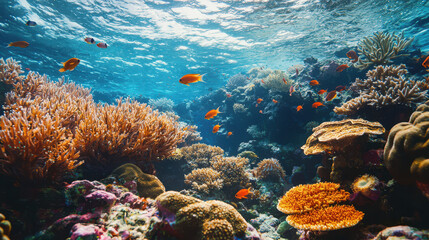 Fototapeta premium Vibrant underwater scene showcasing colorful coral reefs and various tropical fish swimming in crystal clear ocean water