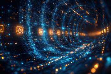 Abstract digital tunnel with glowing icons and data stream.